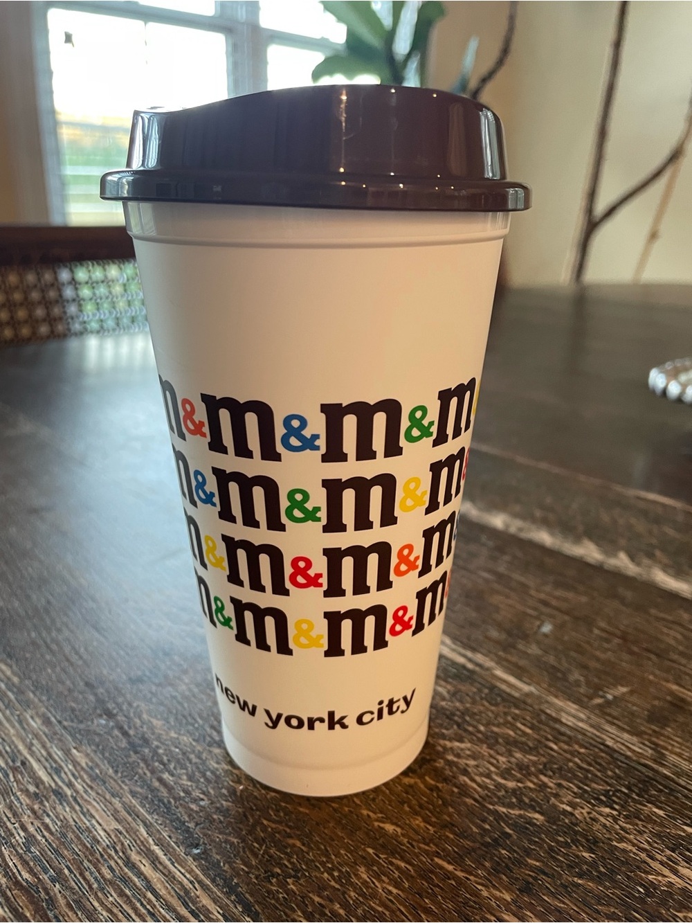 M&M'S White Travel Cup with Multicolor Logo and Brown Lid